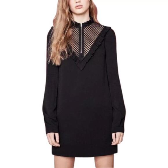 Maje Rarium Ruffle Shift Mini Dress Black Zip Lace Neck Long Sleeve Line… - Picture 1 of 5